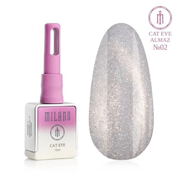 "Гель-лак Milano Cat Eye Almaz №02: флакон об'ємом 10 мл з рожевим градієнтом та демонстрація сяючого сріблясто-сірого відтінку з ефектом «котяче око» на великій палітрі-краплі."