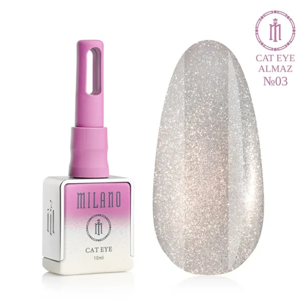 "Гель-лак Milano Cat Eye Almaz №03: флакон об'ємом 10 мл з рожевим градієнтом та демонстрація сяючого світло-сріблястого відтінку з ефектом «котяче око» на великій палітрі-краплі."