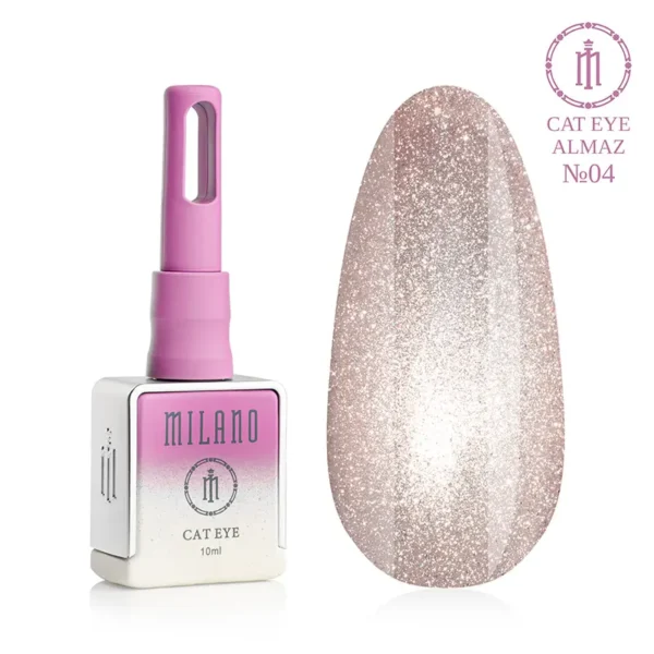"Гель-лак Milano Cat Eye Almaz №04: флакон об'ємом 10 мл з рожевим градієнтом та демонстрація сяючого рожево-бежевого відтінку з ефектом «котяче око» на великій палітрі-краплі."