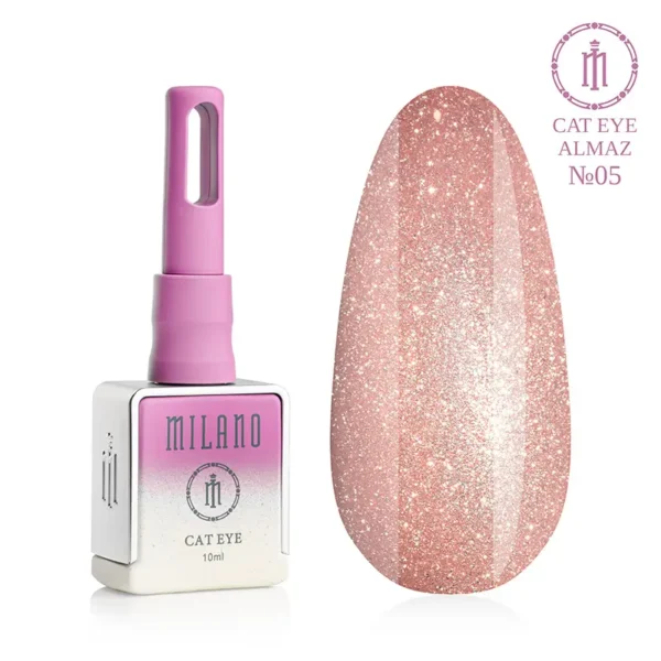 "Гель-лак Milano Cat Eye Almaz №05: флакон об'ємом 10 мл з рожевим градієнтом та демонстрація сяючого теплого рожевого відтінку з ефектом «котяче око» на великій палітрі-краплі."