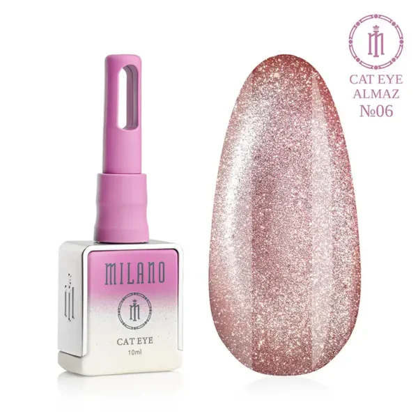 "Гель-лак Milano Cat Eye Almaz №06: флакон об'ємом 10 мл з рожевим градієнтом та демонстрація сяючого глибокого рожево-бузкового відтінку з ефектом «котяче око» на великій палітрі-краплі."