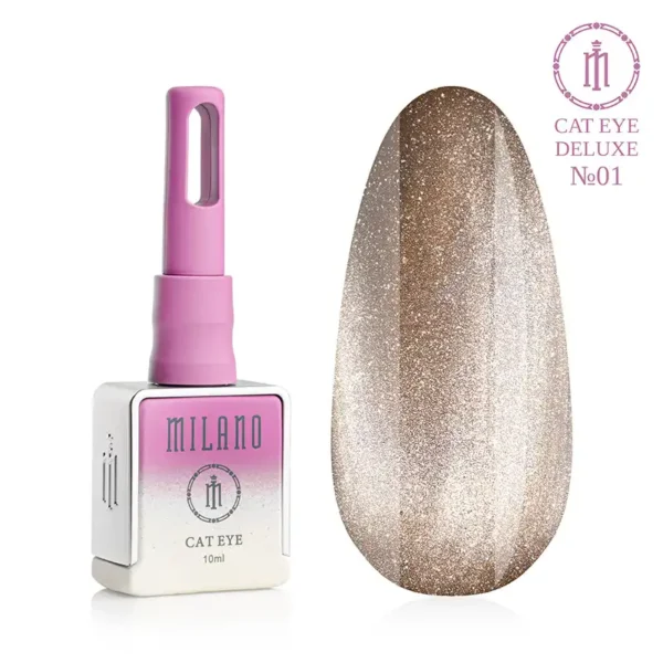 "Гель-лак Milano Cat Eye Deluxe: флакон об'ємом 10 мл з рожевим градієнтом та палітра з шести розкішних сяючих відтінків з магнітним ефектом «котяче око» на білому фоні."