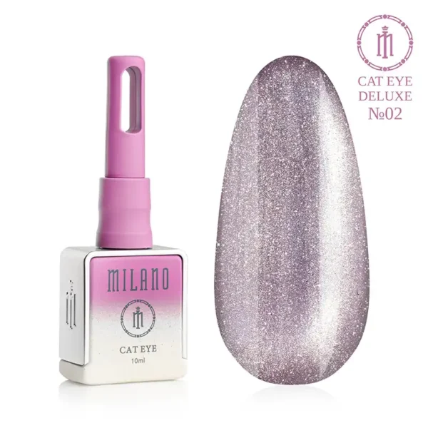 "Гель-лак Milano Cat Eye Deluxe №02: флакон об'ємом 10 мл з рожевим градієнтом та демонстрація сяючого бузково-сріблястого відтінку з ефектом «котяче око» на великій палітрі-краплі."