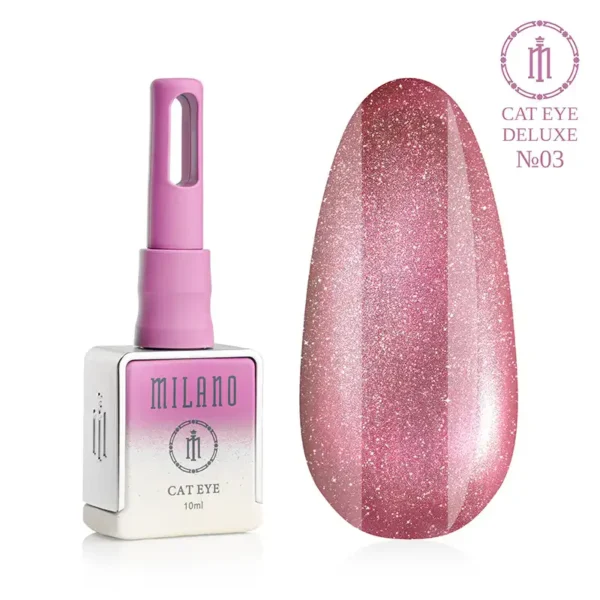 "Гель-лак Milano Cat Eye Deluxe №03: флакон об'ємом 10 мл з рожевим градієнтом та демонстрація сяючого насиченого рожевого відтінку з ефектом «котяче око» на великій палітрі-краплі."