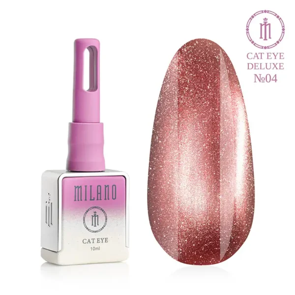 "Гель-лак Milano Cat Eye Deluxe №04: флакон об'ємом 10 мл з рожевим градієнтом та демонстрація сяючого мідно-рожевого відтінку з ефектом «котяче око» на великій палітрі-краплі."