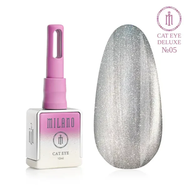 "Гель-лак Milano Cat Eye Deluxe №05: флакон об'ємом 10 мл з рожевим градієнтом та демонстрація сяючого світло-сріблястого відтінку з ефектом «котяче око» на великій палітрі-краплі."