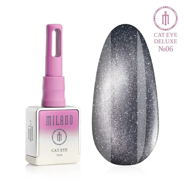 "Гель-лак Milano Cat Eye Deluxe №06: флакон об'ємом 10 мл з рожевим градієнтом та демонстрація сяючого графітового-сірого відтінку з ефектом «котяче око» на великій палітрі-краплі."