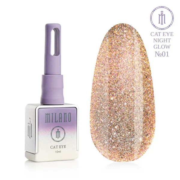 "Гель-лак Milano Cat Eye Night Glow №01: флакон об'ємом 10 мл з фіолетовим градієнтом та демонстрація сяючого золотисто-бежевого відтінку з ефектом «котяче око» на великій палітрі-краплі."