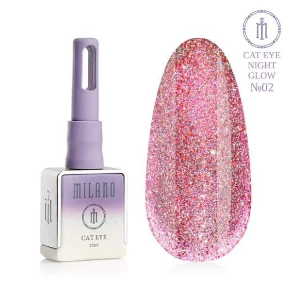 "Гель-лак Milano Cat Eye Night Glow №02: флакон об'ємом 10 мл з фіолетовим градієнтом та демонстрація сяючого рожево-коралового відтінку з ефектом «котяче око» на великій палітрі-краплі."