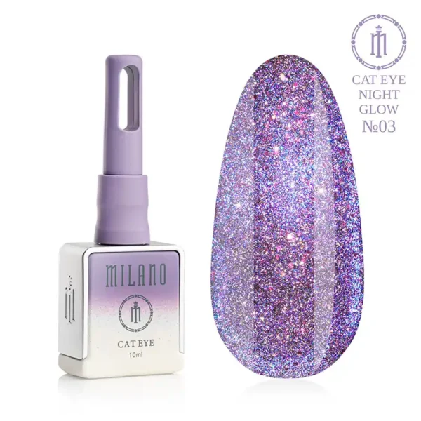 "Гель-лак Milano Cat Eye Night Glow №03: флакон об'ємом 10 мл з фіолетовим градієнтом та демонстрація сяючого фіолетового-бузкового відтінку з ефектом «котяче око» на великій палітрі-краплі."