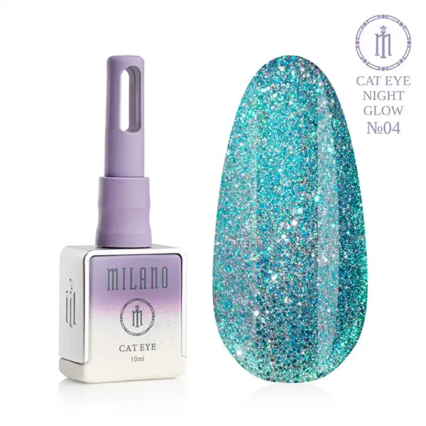 "Гель-лак Milano Cat Eye Night Glow №04: флакон об'ємом 10 мл з фіолетовим градієнтом та демонстрація сяючого бірюзово-блакитного відтінку з ефектом «котяче око» на великій палітрі-краплі."