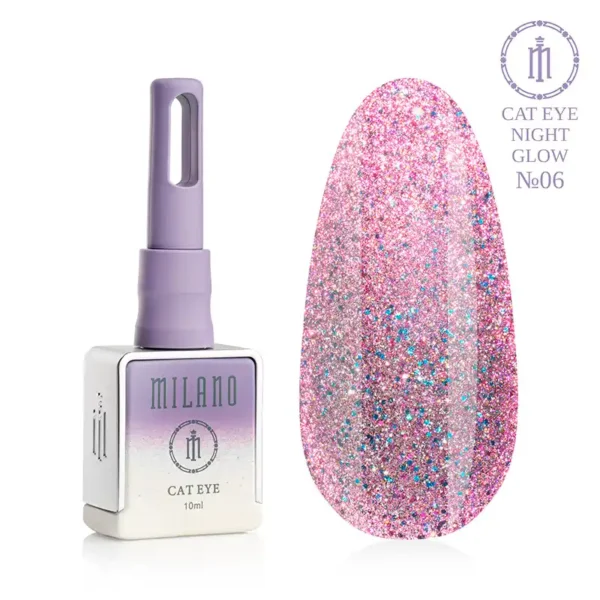 "Гель-лак Milano Cat Eye Night Glow №06: флакон об'ємом 10 мл з фіолетовим градієнтом та демонстрація сяючого ніжно-рожевого відтінку з вкрапленнями блакитного шимеру та ефектом «котяче око» на великій палітрі-краплі."