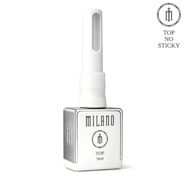 "Топ без липкого шару Milano Top No Sticky: білий скляний флакон преміум-серії об'ємом 10 мл з фірмовим логотипом MILANO та сріблястими гранями."