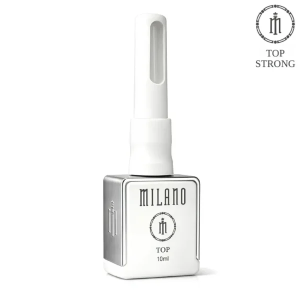 "Зміцнюючий топ для манікюру Milano Top Strong: флакон преміум-серії білого кольору об'ємом 10 мл з фірмовим логотипом MILANO та сріблястими деталями."