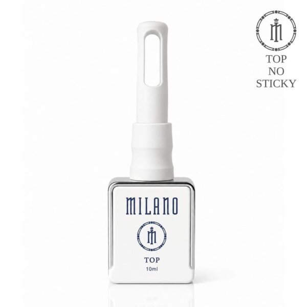 «Презентація топового покриття без липкого шару Milano Top No Sticky: квадратний білий флакон об'ємом 10 мл із хромованим сріблястим обрамленням, оснащений фірмовою видовженою білою кришкою з овальним отвором. На флаконі нанесено чорний брендинг Milano Top. Кадр виконано на чистому білому тлі, у верхньому правому куті розміщено круглий графічний логотип Top No Sticky»
