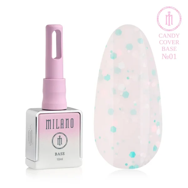 "Камуфлююча база Milano Candy Cover Base №01: білий флакон об'ємом 10 мл з рожево-бузковим градієнтом та демонстрація ніжного молочно-білого відтінку з вкрапленням білих, рожевих та бірюзових шестикутних конфеті (паєток) різного розміру на великій палітрі-краплі."