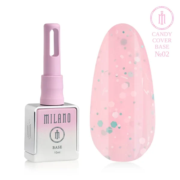 "Камуфлююча база Milano Candy Cover Base №02: білий флакон об'ємом 10 мл з рожево-бузковим градієнтом та демонстрація ніжного пастельно-рожевого відтінку з вкрапленням білих, сріблястих та бірюзових шестикутних конфеті різного розміру на великій палітрі-краплі."