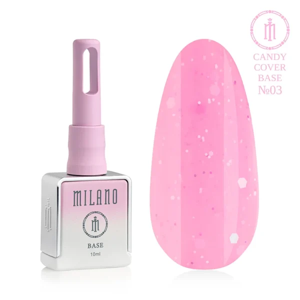"Камуфлююча база Milano Candy Cover Base №03: білий флакон об'ємом 10 мл з рожевим градієнтом та демонстрація яскравого пастельно-рожевого відтінку з вкрапленням білих та рожевих шестикутних конфеті різного розміру на великій палітрі-краплі."