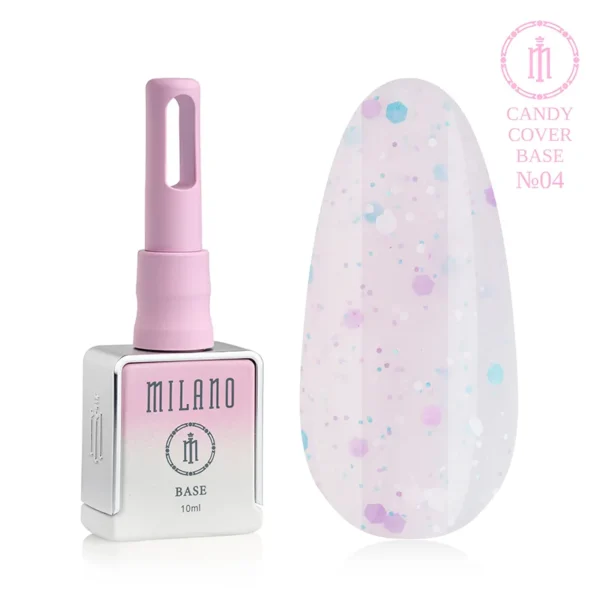 "Камуфлююча база Milano Candy Cover Base №04: білий флакон об'ємом 10 мл з ніжно-рожевим градієнтом та демонстрація напівпрозорого світло-бузкового відтінку з вкрапленням різнокольорових шестикутних конфеті (бузкових, бірюзових та білих) різного розміру на великій палітрі-краплі."