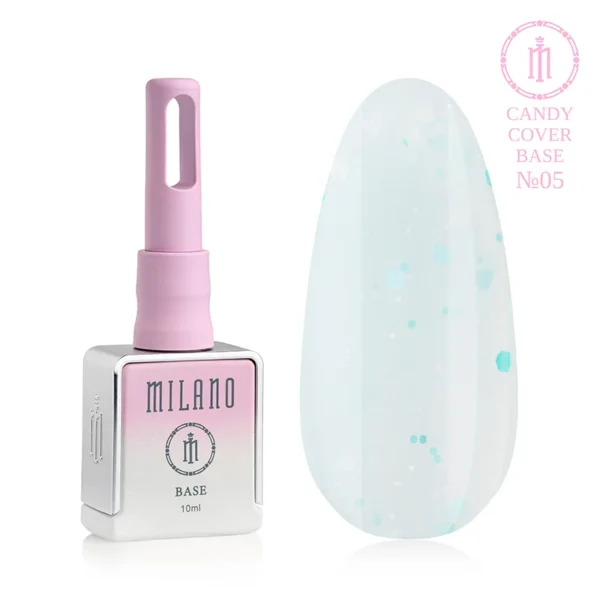 "Камуфлююча база Milano Candy Cover Base №05: білий флакон об'ємом 10 мл з ніжно-рожевим градієнтом та демонстрація напівпрозорого світло-м'ятного відтінку з вкрапленням бірюзових та білих шестикутних конфеті різного розміру на великій палітрі-краплі."