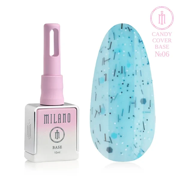 "Камуфлююча база Milano Candy Cover Base №06: білий флакон об'ємом 10 мл з рожево-бузковим градієнтом та демонстрація напівпрозорого небесно-блакитного відтінку з вкрапленням білих крапок, темних шестикутників та дрібних чорних ліній-волосків на великій палітрі-краплі."