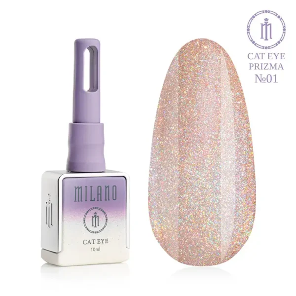 "Гель-лак Milano Cat Eye Prizma №01: флакон об'ємом 10 мл з фіолетовим градієнтом та демонстрація сяючого сріблясто-бежевого відтінку з райдужним голографічним ефектом та магнітною смугою «котяче око» на великій палітрі-краплі."