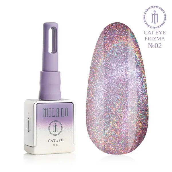 "Гель-лак Milano Cat Eye Prizma №02: флакон об'ємом 10 мл з фіолетовим градієнтом та демонстрація сяючого бузкового-рожевого відтінку з райдужним голографічним ефектом та магнітною смугою «котяче око» на великій палітрі-краплі."