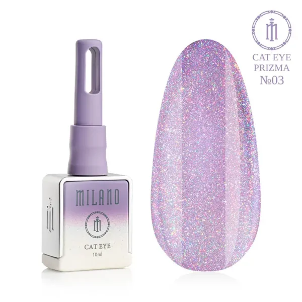 "Гель-лак Milano Cat Eye Prizma №03: флакон об'ємом 10 мл з фіолетовим градієнтом та демонстрація сяючого світло-бузкового відтінку з інтенсивним райдужним голографічним ефектом та магнітною смугою «котяче око» на великій палітрі-краплі."