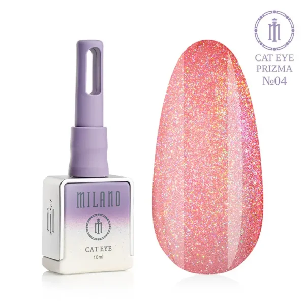 "Гель-лак Milano Cat Eye Prizma №03: флакон об'ємом 10 мл з фіолетовим градієнтом та демонстрація сяючого світло-бузкового відтінку з інтенсивним райдужним голографічним ефектом та магнітною смугою «котяче око» на великій палітрі-краплі."