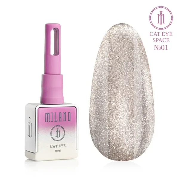 "Гель-лак Milano Cat Eye Space №01: флакон об'ємом 10 мл з рожево-білим градієнтом та демонстрація сяючого сріблясто-шампанського відтінку з густим магнітним шимером та ефектом «котяче око» на великій палітрі-краплі."