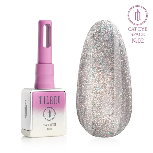 "Гель-лак Milano Cat Eye Space №02: флакон об'ємом 10 мл з рожево-білим градієнтом та демонстрація холодного сріблястого відтінку з різнокольоровим мікрошимером та магнітним ефектом «котяче око» на великій палітрі-краплі."