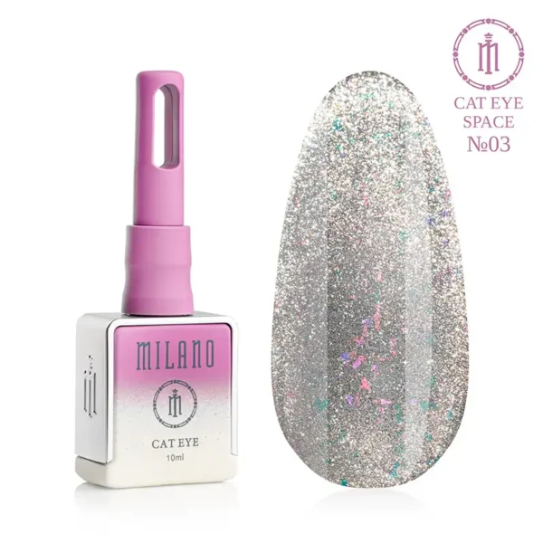 "Гель-лак Milano Cat Eye Space №03: флакон об'ємом 10 мл з рожево-білим градієнтом та демонстрація сріблястого відтінку з вкрапленнями кольорової слюди (пластівців), іскристим шимером та ефектом «котяче око» на великій палітрі-краплі."