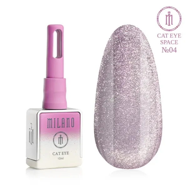 "Гель-лак Milano Cat Eye Space №04: флакон об'ємом 10 мл з рожево-білим градієнтом та демонстрація вишуканого ніжно-лілового відтінку з густим сріблястим шимером та магнітним ефектом «котяче око» на великій палітрі-краплі."