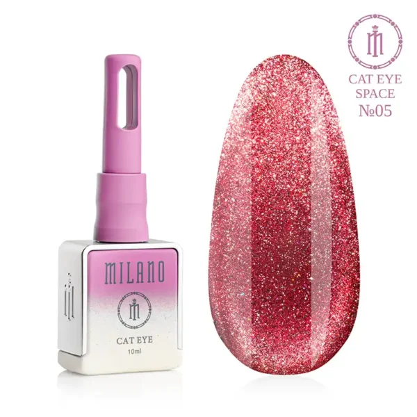 "Гель-лак Milano Cat Eye Space №05: флакон об'ємом 10 мл з рожево-білим градієнтом та демонстрація яскравого малиново-червоного відтінку з густим іскристим шимером та ефектом «котяче око» на великій палітрі-краплі."