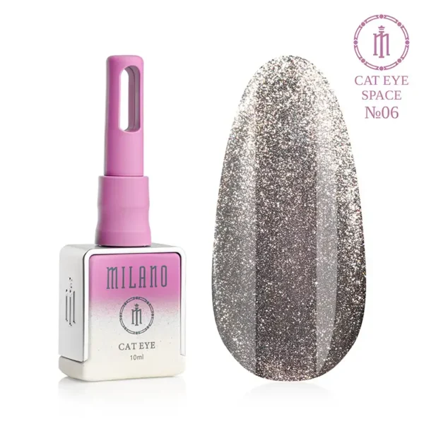 "Гель-лак Milano Cat Eye Space №06: флакон об'ємом 10 мл з рожево-білим градієнтом та демонстрація глибокого темно-сірого (графітового) відтінку з густим сріблястим шимером та виразним магнітним ефектом «котяче око» на великій палітрі-краплі."