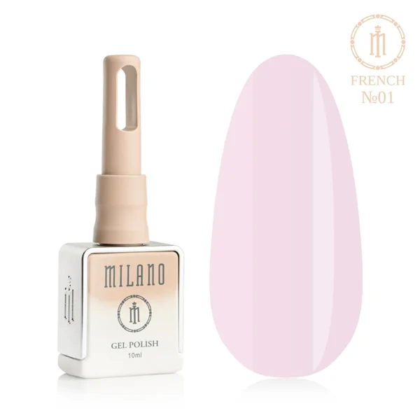 «Гель-лак Milano French Gel Polish №01: флакон об’ємом 10 мл з елегантним бежевим градієнтом та демонстрація ніжного світло-рожевого відтінку на великій палітрі-краплі, що ідеально підходить для створення класичного французького манікюру або напівпрозорого нюдового покриття».