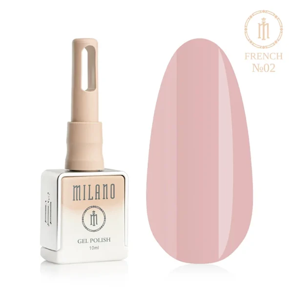«Гель-лак Milano French Gel Polish №02: флакон об’ємом 10 мл з бежевим градієнтом та демонстрація елегантного пильно-рожевого відтінку на великій палітрі-краплі, що забезпечує щільне камуфлююче покриття з витонченим холодним підтоном».
