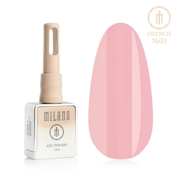 «Гель-лак Milano French Gel Polish №03: флакон об’ємом 10 мл з характерним бежевим градієнтом та демонстрація класичного напівпрозорого рожевого відтінку на великій палітрі-краплі, що створює ефект ніжних та доглянутих нігтів у французькому манікюрі».