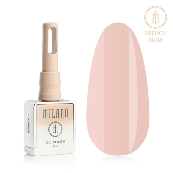 «Гель-лак Milano French Gel Polish №04: флакон об’ємом 10 мл з бежевим градієнтом та демонстрація м'якого персиково-бежевого відтінку на великій палітрі-краплі, що забезпечує натуральне камуфлююче покриття з теплим підтоном для витонченого манікюру».