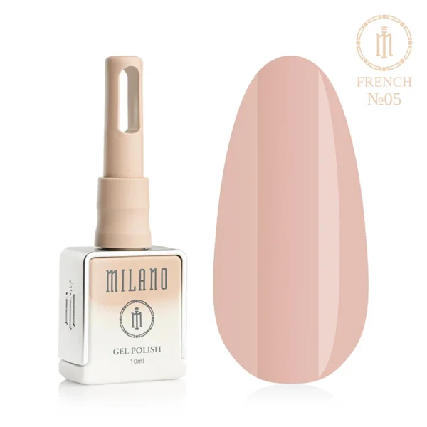 «Гель-лак Milano French Gel Polish №05: флакон об’ємом 10 мл з характерним бежевим градієнтом та демонстрація класичного нюдового відтінку з легким кавово-бежевим підтоном на великій палітрі-краплі, що забезпечує ідеальне камуфлююче покриття для стриманого манікюру».