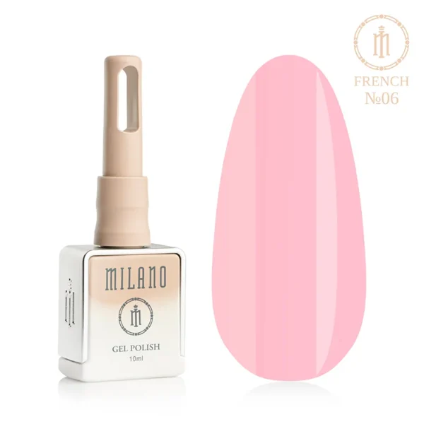 «Гель-лак Milano French Gel Polish №06: флакон об’ємом 10 мл з бежевим градієнтом та демонстрація яскравого пастельно-рожевого відтінку на великій палітрі-краплі, що забезпечує щільне напівпрозоре покриття для створення жіночного та свіжого французького манікюру».