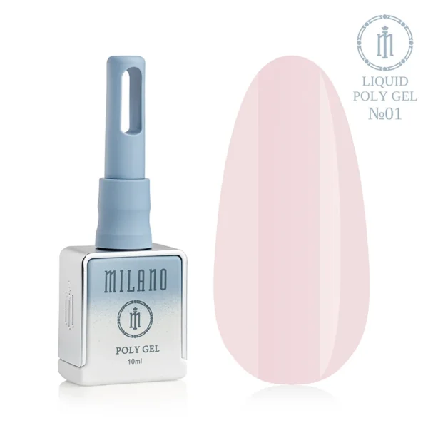 "Рідкий полігель Milano Liquid Poly Gel №01: чорний елегантний флакон об'ємом 15 мл та демонстрація чистого, насиченого білого відтінку на великій палітрі-краплі, що ідеально підходить для створення класичного французького манікюру або повного перекриття нігтьової пластини."