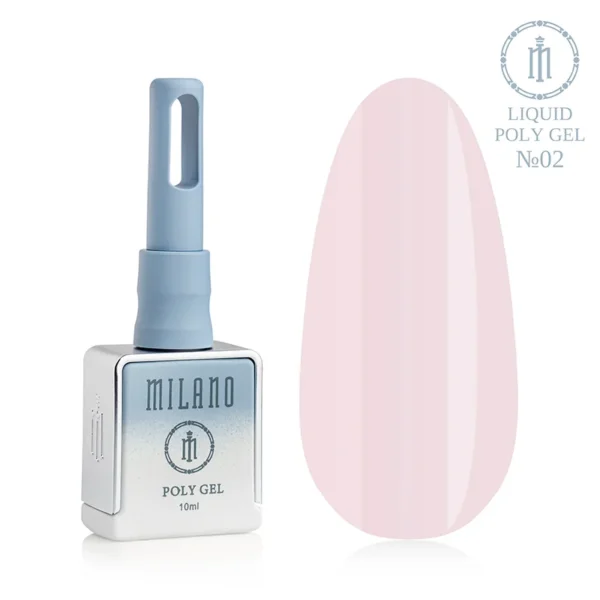 "Рідкий полігель Milano Liquid Poly Gel №02: чорний флакон об'ємом 15 мл та демонстрація ніжного напівпрозорого молочно-рожевого відтінку на великій палітрі-краплі, що створює натуральний ефект здорових нігтів та ідеально підходить для камуфлювання."
