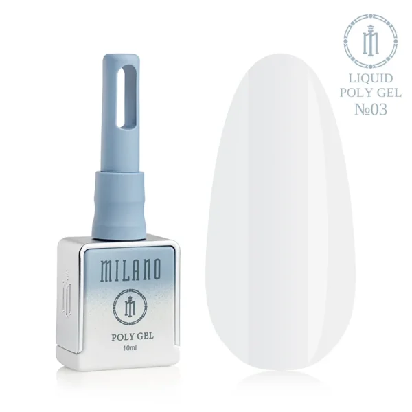 "Рідкий полігель Milano Liquid Poly Gel №03: чорний флакон об'ємом 15 мл та демонстрація напівпрозорого персиково-бежевого відтінку на великій палітрі-краплі, що створює природний камуфлюючий ефект з теплим підтоном."