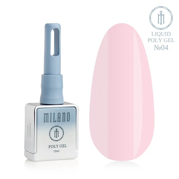 "Рідкий полігель Milano Liquid Poly Gel №04: чорний флакон об'ємом 15 мл та демонстрація м'якого пастельно-рожевого відтінку на великій палітрі-краплі, що забезпечує щільне камуфлююче покриття з елегантним холодним підтоном."