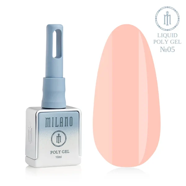 "Рідкий полігель Milano Liquid Poly Gel №05: чорний флакон об'ємом 15 мл та демонстрація глибокого бежево-коричневого відтінку (нюд) на великій палітрі-краплі, що забезпечує щільне камуфлююче покриття з теплим природним тоном."