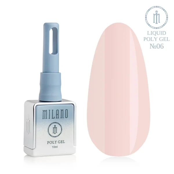 "Рідкий полігель Milano Liquid Poly Gel №06: чорний флакон об'ємом 15 мл та демонстрація насиченого темно-бежевого відтінку з персиковим підтоном на великій палітрі-краплі, що забезпечує щільне камуфлююче покриття для створення натурального манікюру."