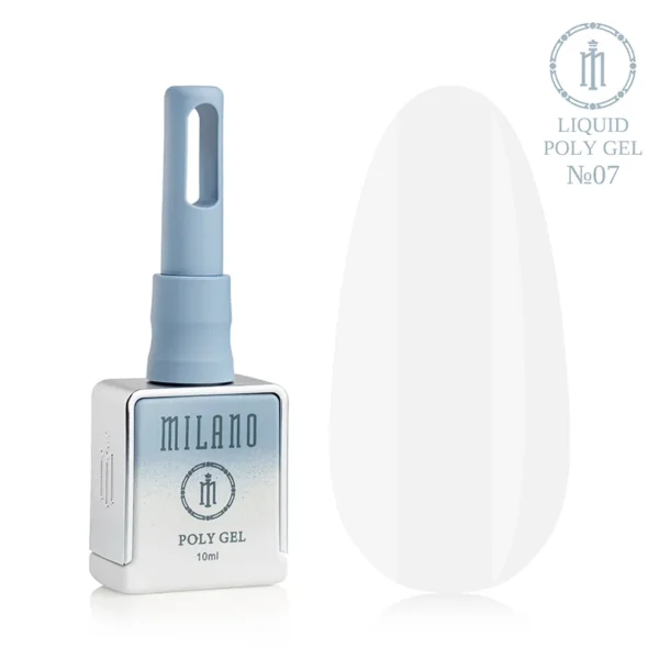 "Рідкий полігель Milano Liquid Poly Gel №07: чорний флакон об'ємом 15 мл та демонстрація м'якого камуфлюючого відтінку «чайна троянда» на великій палітрі-краплі, що забезпечує природний вигляд манікюру з ніжним рожевим підтоном."