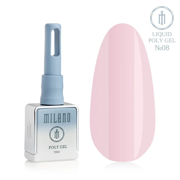 "Рідкий полігель Milano Liquid Poly Gel №08: чорний флакон об'ємом 15 мл та демонстрація глибокого камуфлюючого бежевого відтінку з легким персиковим підтоном на великій палітрі-краплі, що забезпечує щільне покриття та ідеально вирівнює колір нігтьової пластини."