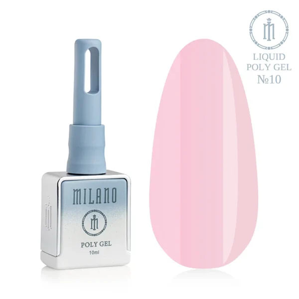«Рідкий полігель Milano Liquid Poly Gel №10: флакон об’ємом 10 мл з характерним блакитним градієнтом та демонстрація ніжного пастельно-рожевого відтінку на великій палітрі-краплі, що створює ефект легкого напівпрозорого камуфляжу для витонченого манікюру».